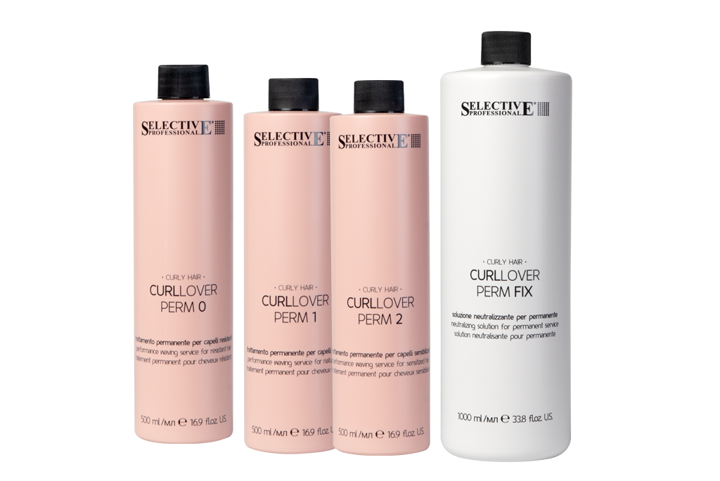 Bodegón de productos de Selective Professional, productos profesionales de peluquería, línea de permanente CURLLOVER