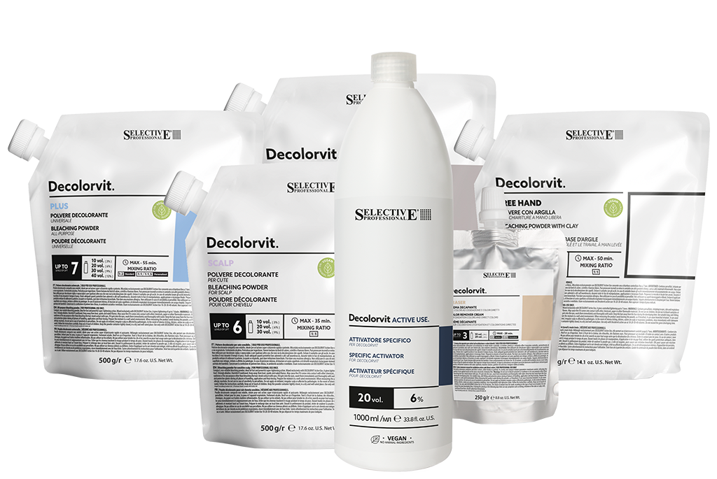 Bodegón de productos de Selective Professional, productos profesionales de peluquería, línea de color Decolorvit decoloración