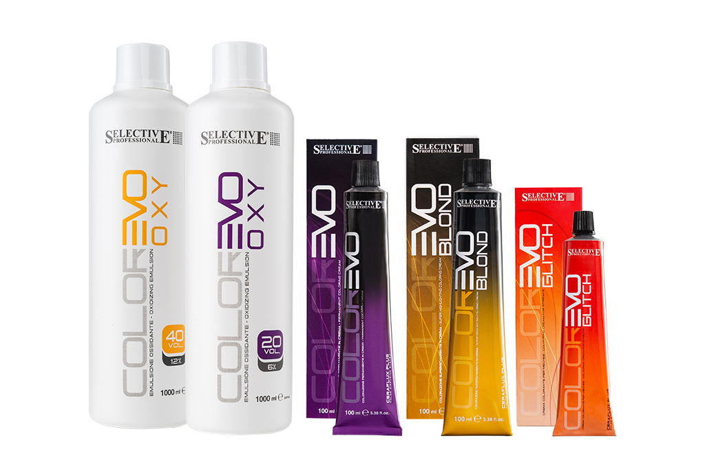 Bodegón de productos de Selective Professional, productos profesionales de peluquería, línea de color COLOREVO