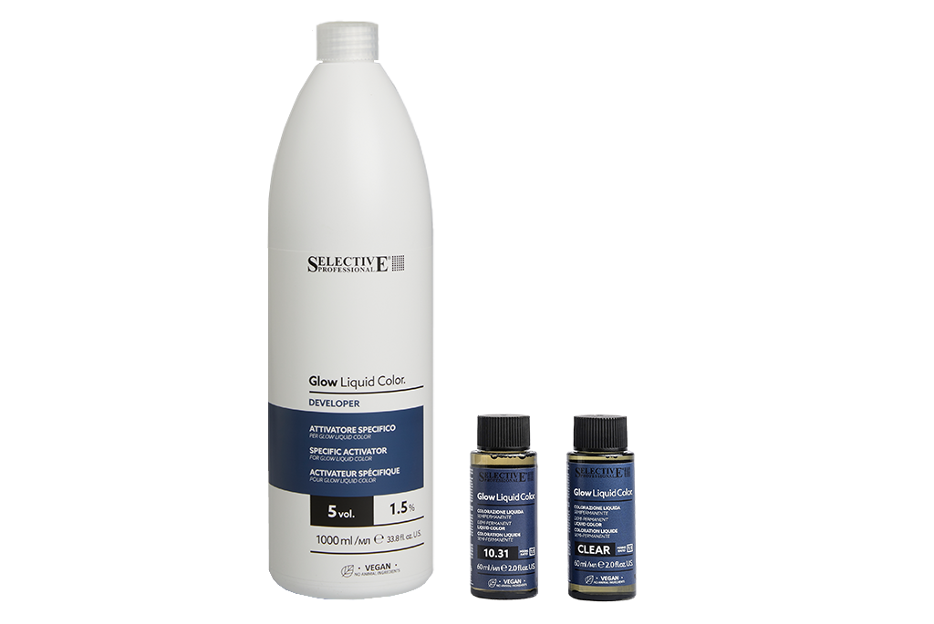 Bodegón de productos de Selective Professional, productos profesionales de peluquería, línea de color GLOW LIQUID COLOR