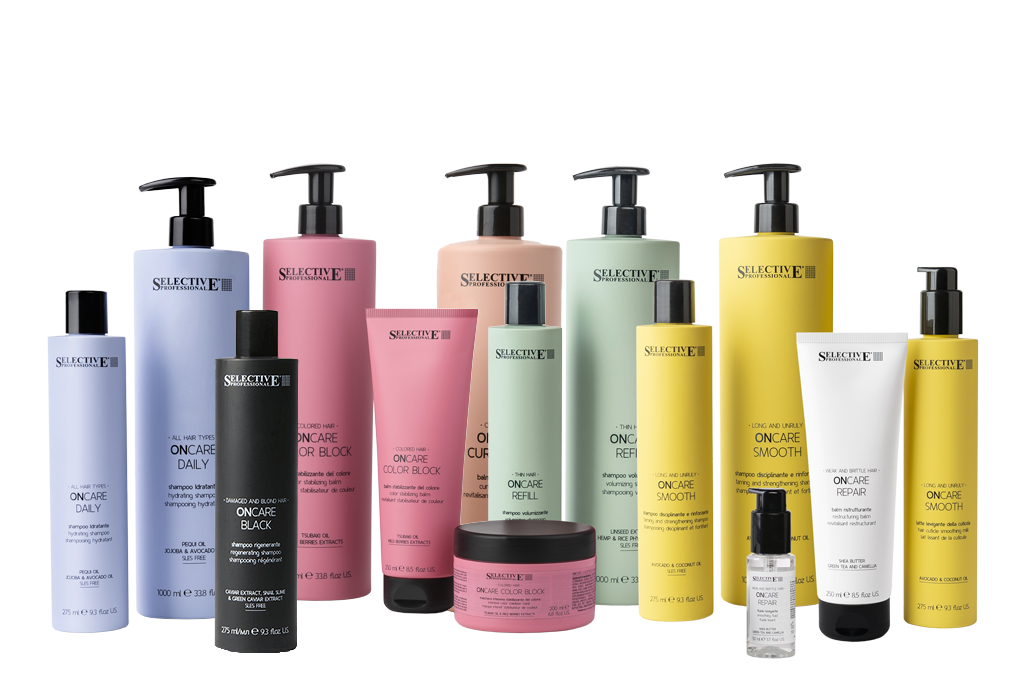 Bodegón de productos de Selective Professional, productos profesionales de peluquería, línea de tratamiento ONCARE completa con todas las subfamilias