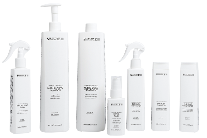 Bodegón de productos de Selective Professional, productos profesionales de peluquería, línea de tratamiento rebuilding