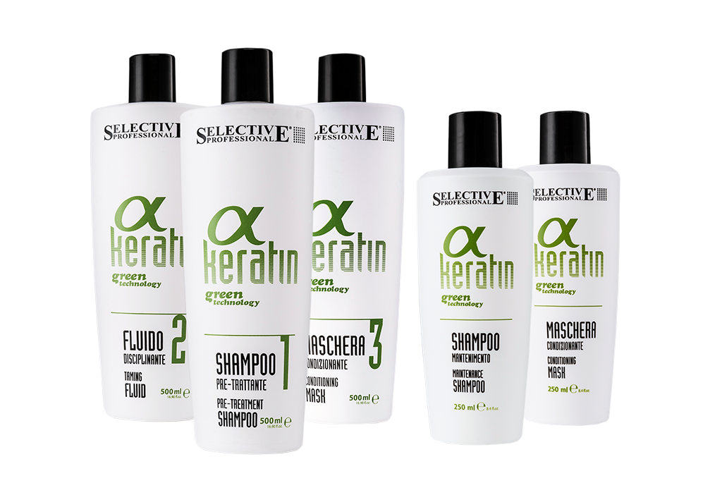 Bodegón de productos de Selective Professional, productos profesionales de peluquería, línea de tratamiento ALFA KERATIN