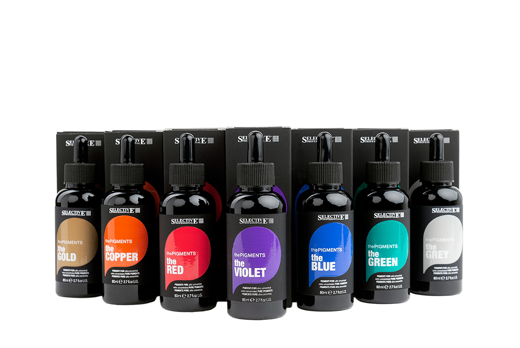 Bodegón de productos de Selective Professional, productos profesionales de peluquería, línea de color thePIGMENTS